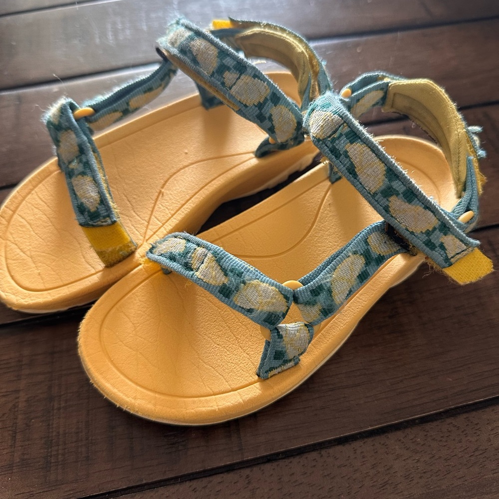 Teva Kids Yellow Footbed Sandals with Blue Patterned Straps